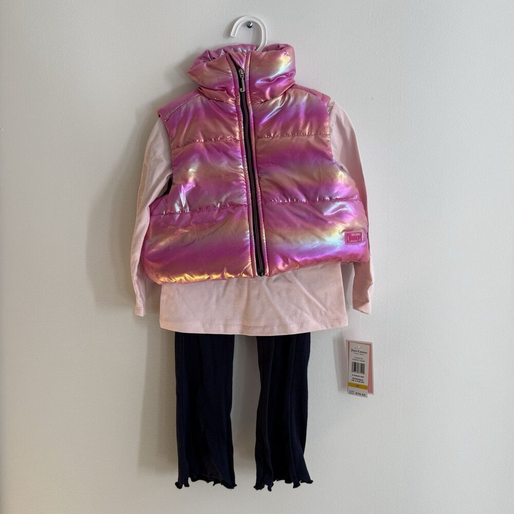 Juicy Couture Girl 3 Piece Set Pink Rainbow Puffer Vest Leggings Top Size 3T NWT